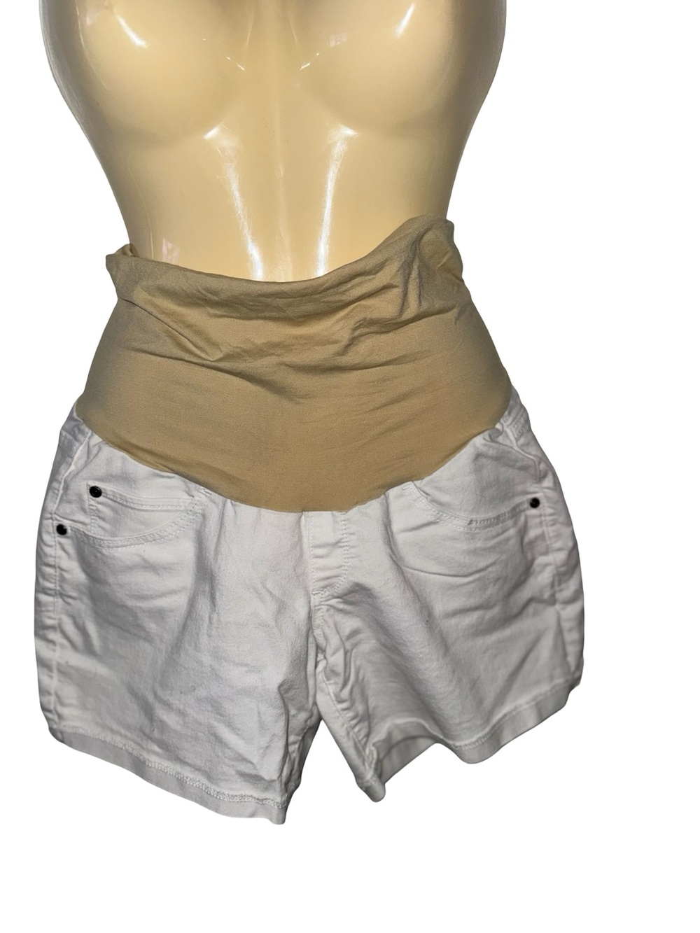 a:glow White boyfriend Shorts with Tan Fold-Over Waistband Maternity